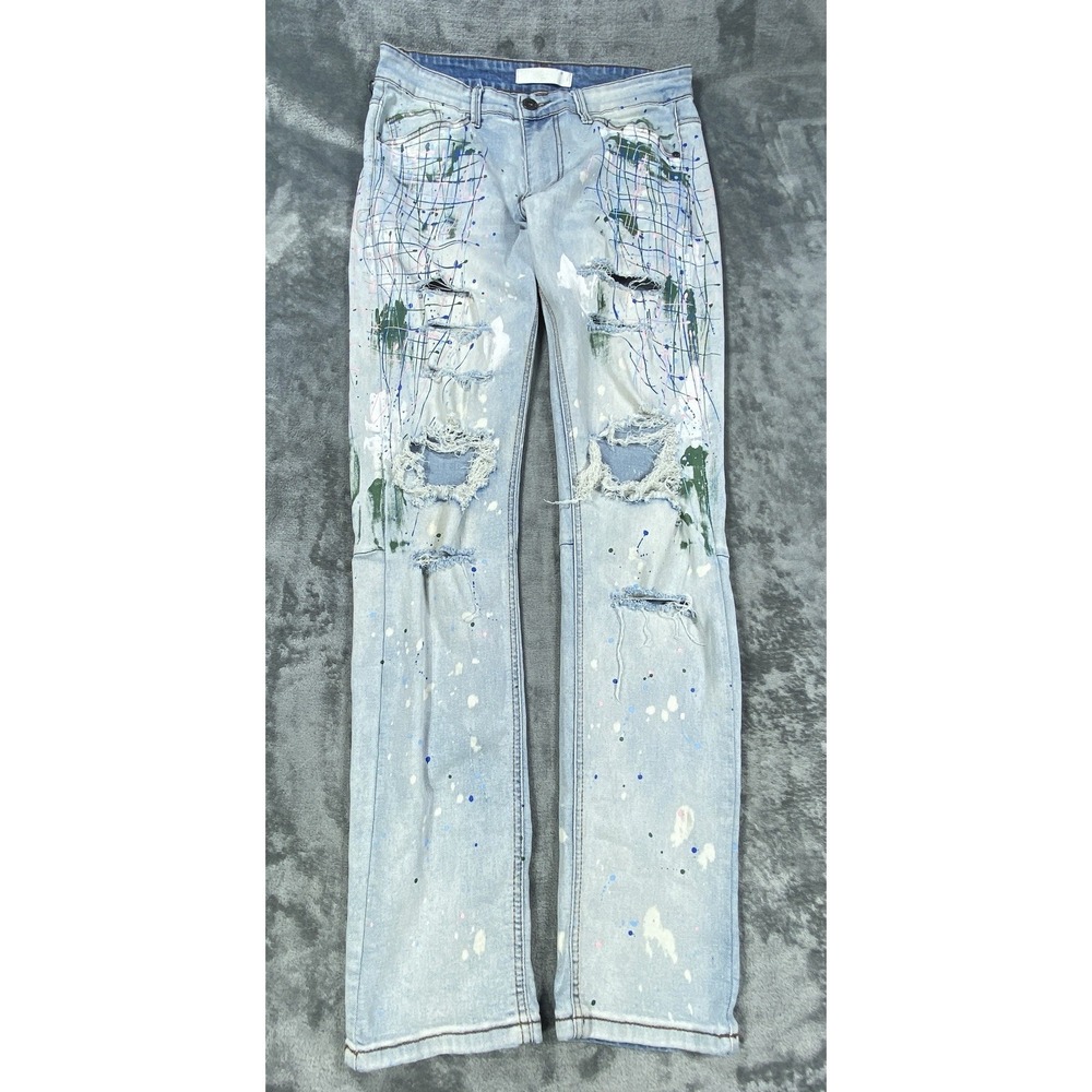 KDNK Jeans Mens 32x31 Distressed Ripped Paint Splatter Denim Blue 11 4 14 11